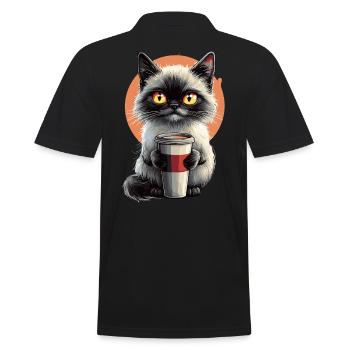 Fluffy cat with coffee mug and yellow eyes - Men's Polo Shirt - black - Back - Kai (181cm)