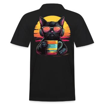 80s Style: Chill Cat with Coffee - Men's Polo Shirt - black - Back - Kai (181cm)