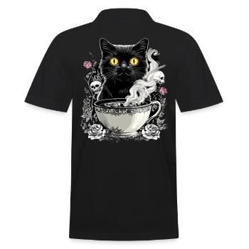 Mystisch: Katze mit Totenkopf-Kaffee - Männer Poloshirt - Schwarz - Hinten - Kai (181cm)