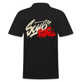Soul Rebel <- (gold) - Männer Poloshirt - Schwarz - Hinten - Kai (181cm)
