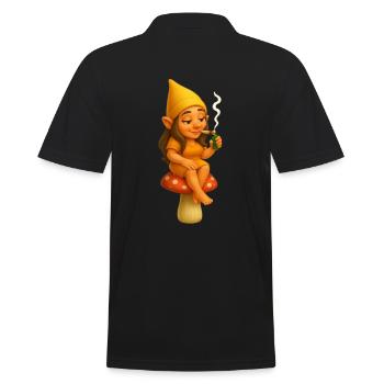 Kiffende Zwergin auf Pilz sitzend - Cannabis/Weed - Männer Poloshirt - Schwarz - Hinten - Kai (181cm)