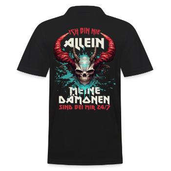 ICH BIN NIE ALLEIN - MEINE DÄMONEN SIND BEI MIR - Männer Poloshirt - Schwarz - Hinten - Kai (181cm)