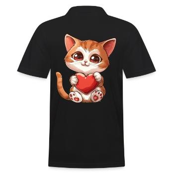 Adorable Kitten Holding Heart With Big Eyes - Männer Poloshirt - Schwarz - Hinten - Kai (181cm)