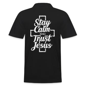 Bleib Ruhig und Vertrau Jesus Christliche Aussage - Männer Poloshirt - Schwarz - Hinten - Kai (181cm)