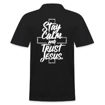 Bleib Ruhig und Vertrau Jesus Christliche Aussage - Männer Poloshirt - Schwarz - Hinten - Kai (181cm)