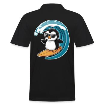 Cooler Pinguin Auf Surfbrett Unter Welle - Männer Poloshirt - Schwarz - Hinten - Kai (181cm)