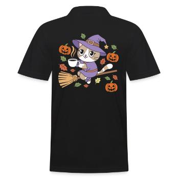 Chat mignon d’Halloween avec chapeau de sorcière et citrouilles - Polo Homme - noir - Dos - Kai (181cm)