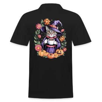 Chat sorcière Halloween avec des citrouilles et des fleurs - Polo Homme - noir - Dos - Kai (181cm)
