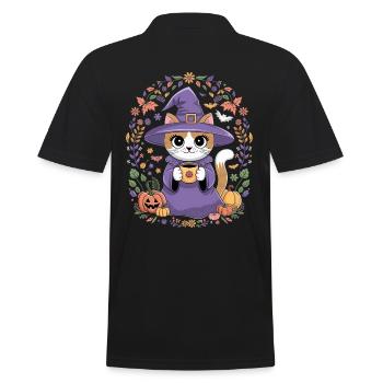 Chat sorcière d'Halloween avec des citrouilles - Polo Homme - noir - Dos - Kai (181cm)
