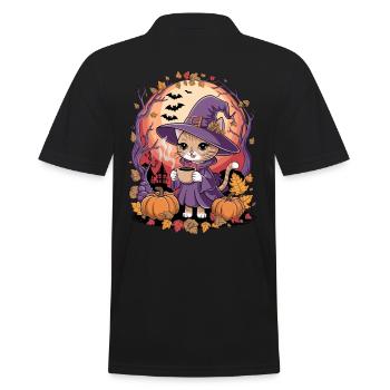 Cute Halloween Cat in Witch Costume - Men's Polo Shirt - black - Back - Kai (181cm)