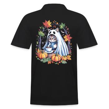 Chat d'Halloween en costume de fantôme avec des citrouilles - Polo Homme - noir - Dos - Kai (181cm)