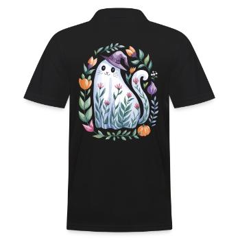 Chat fantôme d'Halloween avec chapeau de sorcière et fleurs - Polo Homme - noir - Dos - Kai (181cm)
