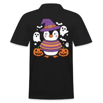 Pinguin Halloween mit Kürbissen und Geistern - Männer Poloshirt - Schwarz - Hinten - Kai (181cm)