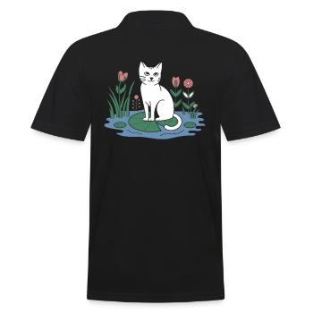Cottagecore cat on lily pad in the garden - Men's Polo Shirt - black - Back - Kai (181cm)