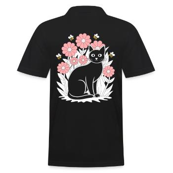 Cottagecore Idylle: Schwarze Katze mit Blumen und - Männer Poloshirt - Schwarz - Hinten - Kai (181cm)