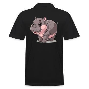 Cute Moo Deng Hippo Cartoon Motif - Men's Polo Shirt - black - Back - Kai (181cm)