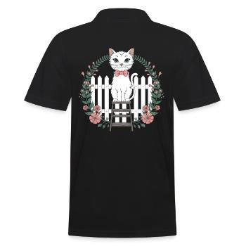 Cottagecore Katze mit Blumen und Zaun - Männer Poloshirt - Schwarz - Hinten - Kai (181cm)