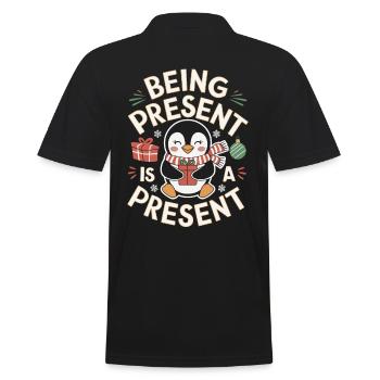 Being present is a gift penguin motif - Men's Polo Shirt - black - Back - Kai (181cm)
