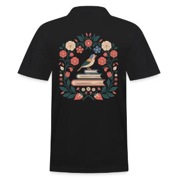Cottagecore Vogel und Bücher Umgeben von Blumen - Männer Poloshirt - Schwarz - Hinten - Kai (181cm)