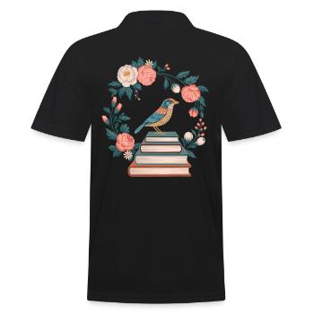 Cottagecore Bird and Flowers Stack of Books - Men's Polo Shirt - black - Back - Kai (181cm)