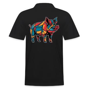 Buntes Geometrisches Bauernhoftier Grafik Schwein - Männer Poloshirt - Schwarz - Hinten - Kai (181cm)
