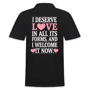 Manifest Abundance Quote: I deserve love in - Men's Polo Shirt - black - Back - Kai (181cm)