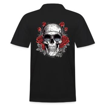 Cooler Hipster Totenkopf mit Brille und Rosen - Männer Poloshirt - Schwarz - Hinten - Kai (181cm)