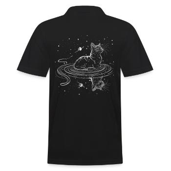 Katze schwimmt durch Universum mit Sternen - Männer Poloshirt - Schwarz - Hinten - Kai (181cm)