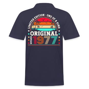Original November 1977 45th birthday gift - Men's Polo Shirt - navy - Back - Kai (181cm)