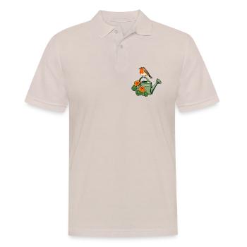 Rotkehlchen auf einer blühenden Gießkanne – Gartenarbeit - Männer Poloshirt - Beige - Vorne - Nico (186cm)