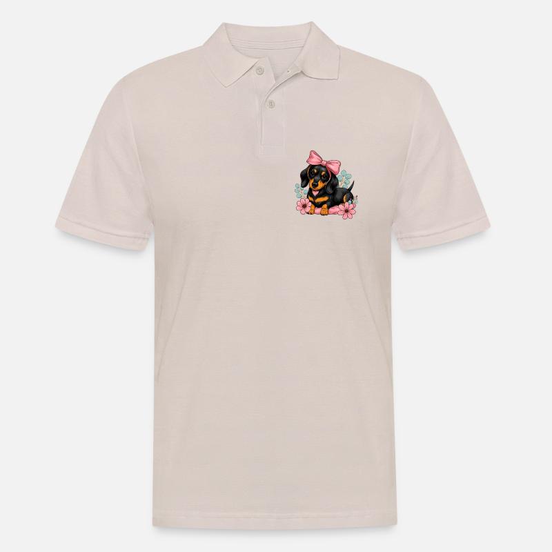 Dackel mit Pinker Schleife und Blumen - Männer Poloshirt - Beige