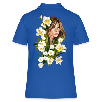 BELIA Illustration Frau mit weißen Blumen - Frauen Polo Shirt - Royalblau - Hinten - Ailine (174cm)