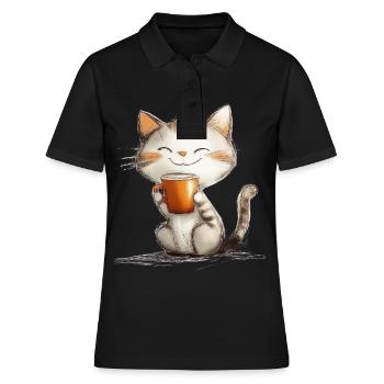 Chat heureux avec du café - Polo Femme - noir - Devant - Ailine (174cm)