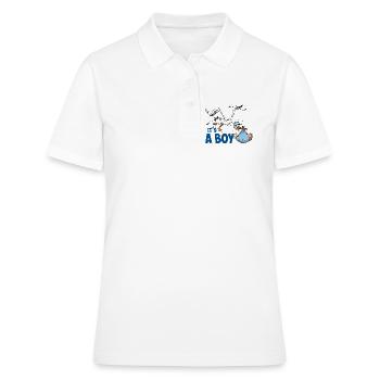 Storch mit dem kleinen Jungen; "Es ist ein Junge" - Frauen Polo Shirt - Weiß - Vorne - Ailine (174cm)