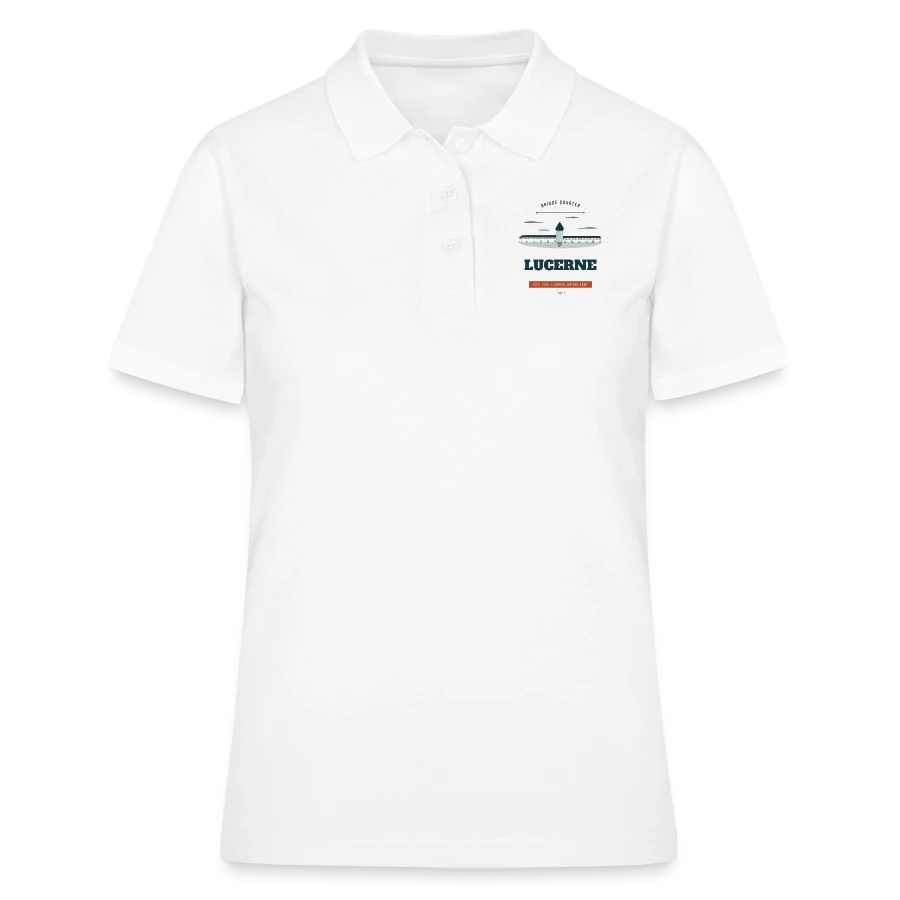 Lucerne badge on a women's polo shirt, white
