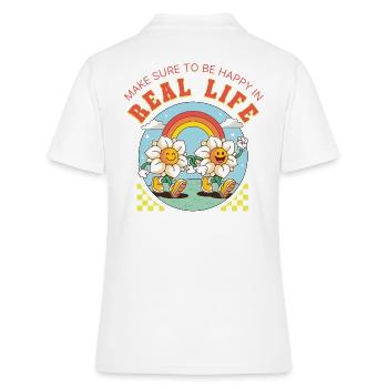 Be Happy in Real Life – Retro Blumen Spruch - Frauen Polo Shirt - Weiß - Hinten - Ailine (174cm)