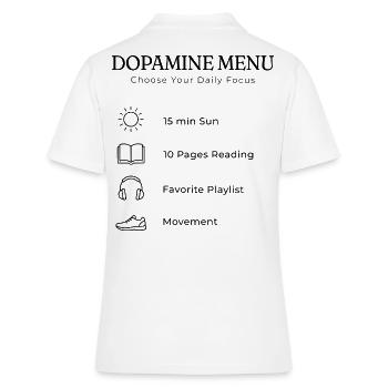 Arrière-impression du menu Dopamine – Soins esthétiques de soi - Polo Femme - blanc - Dos - Ailine (174cm)