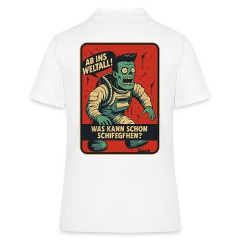 Ins Weltall: Was kann schiefgehen, äh schifegfehn? - Frauen Polo Shirt - Weiß - Hinten - Ailine (174cm)