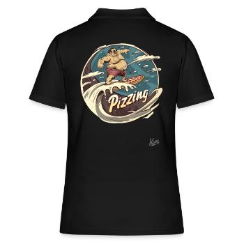 Un grand surfeur surfe sur une vague de pizza - Polo Femme - noir - Dos - Ailine (174cm)