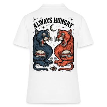 Duo chat toujours affamé avec burger - Polo Femme - blanc - Dos - Ailine (174cm)