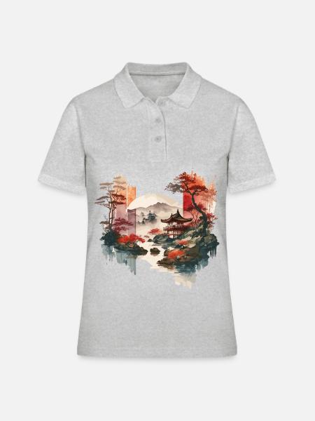 Aquarelle Paysage japonais - Polo Femme - gris chiné