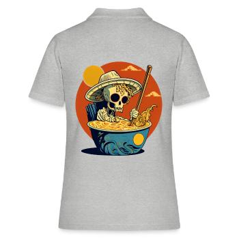 Squelette frais assis dans une soupe de nouilles ramen - Polo Femme - gris chiné - Dos - Ailine (174cm)