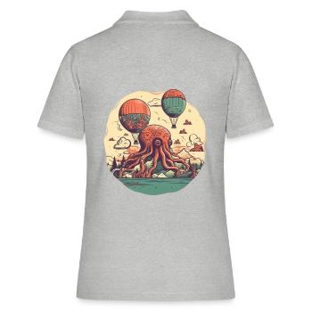 Surrealistisches Motiv, Oktopus Insel mit Ballons - Frauen Polo Shirt - Grau meliert - Hinten - Ailine (174cm)