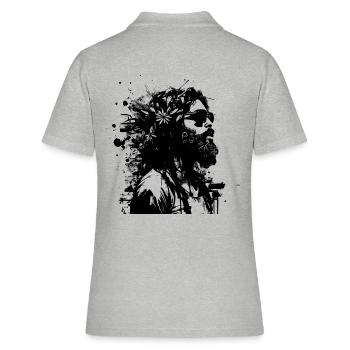 Portrait hippie noir et blanc homme avec des fleurs - Polo Femme - gris chiné - Dos - Ailine (174cm)