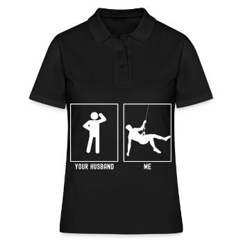 Her husband - me - climbing hanging rappel - Women's Polo Shirt - black - Front - Ailine (174cm)