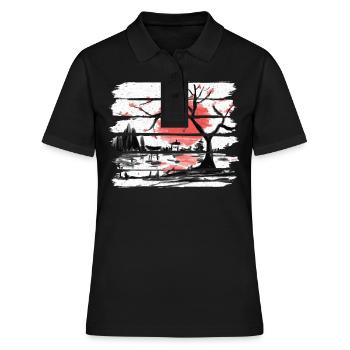 Japan Aquarell Red Sun I Weinlese-Kirschbaum - Frauen Polo Shirt - Schwarz - Vorne - Ailine (174cm)