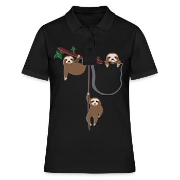 Faultier Familie mit Brusttasche, Einfach Abhängen - Frauen Polo Shirt - Schwarz - Vorne - Ailine (174cm)