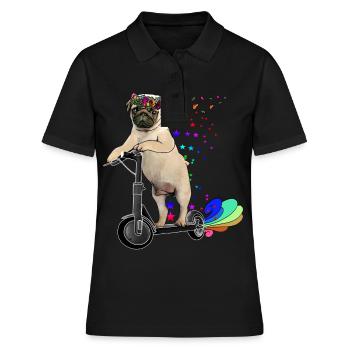 Mops mit Blumenkranz auf Escooter Electricscooter - Frauen Polo Shirt - Schwarz - Vorne - Ailine (174cm)