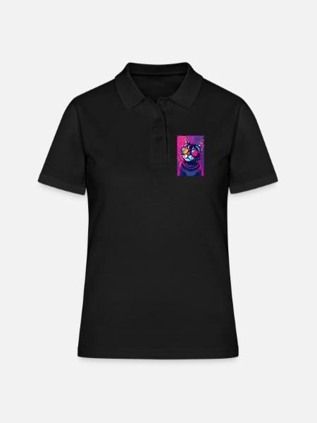 Vaporwave Cat Rose Bleu Synthwave Futuriste - Polo Femme - noir