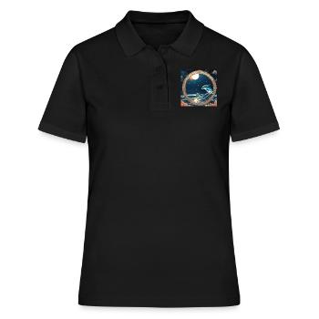 Delfine,Anime stil, welle,nacht,kreis,gold,malerei - Frauen Polo Shirt - Schwarz - Vorne - Ailine (174cm)